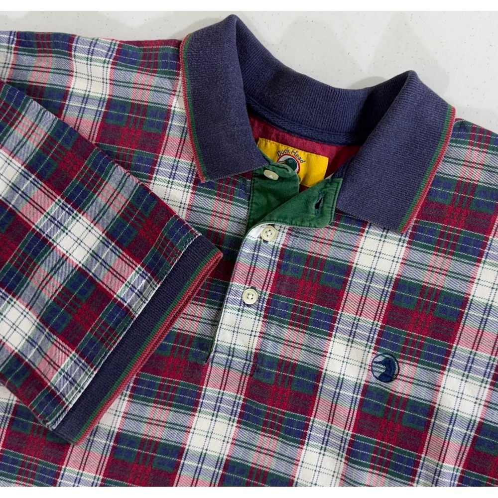 Duck Head Polo Shirt Medium Red Blue Tartan Plaid Cotton Vintage Preppy 90s